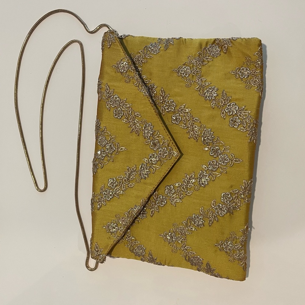 Simtri Designs Yellow and Gold embroidered envelope clutch with detachable chain